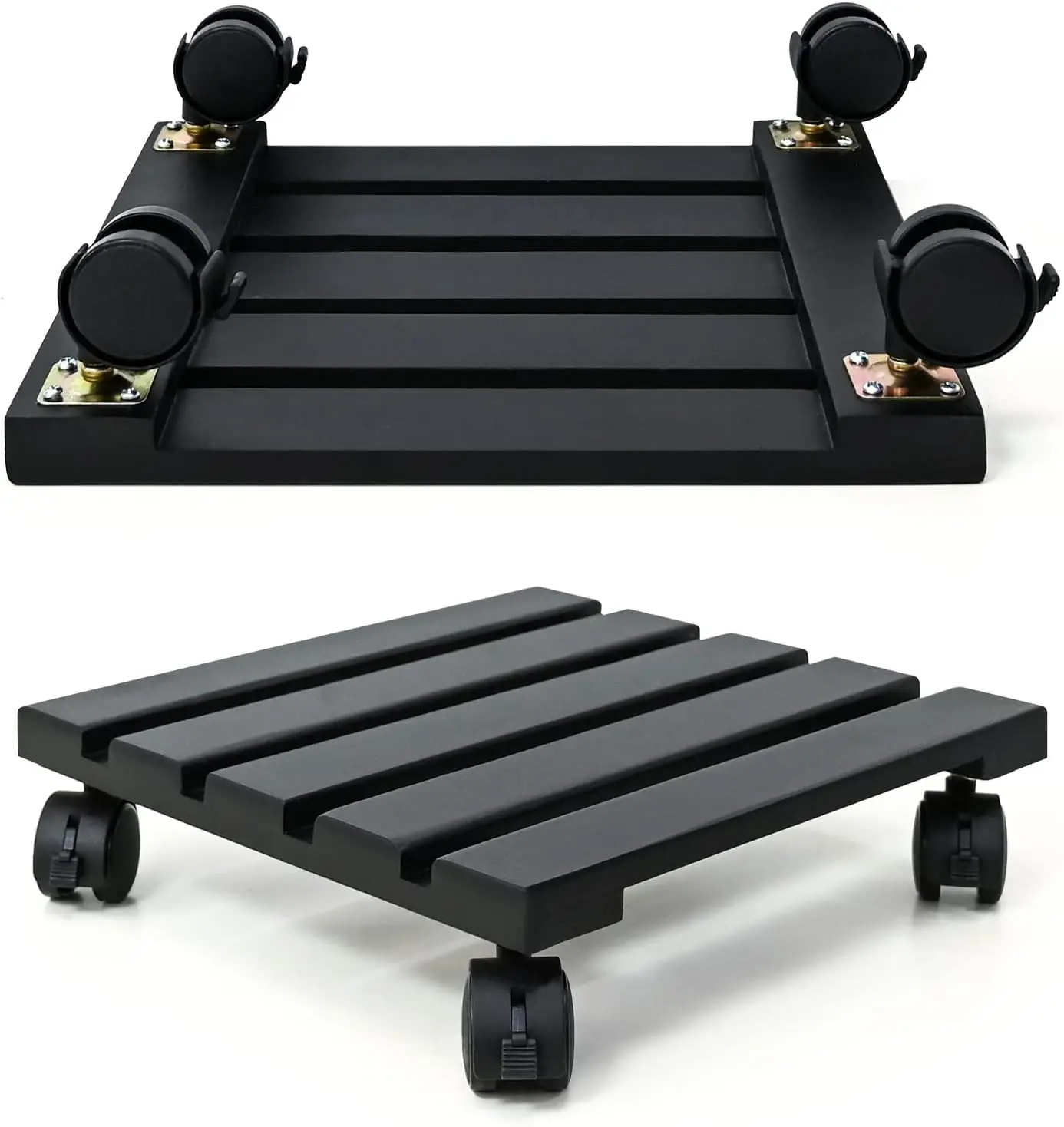 Heavy-Duty Black Matt Wooden Lockable Plant Stand Single Tier Square Moveable Rack with Pot Dolly 2 Pack Convenient Garden Care