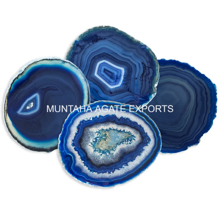 Blue Natural Agate Crystal Coasters Gold Electroplated Buy Wholesale Blue Agate Slice Coaster Agate Coaster For Home Decorations