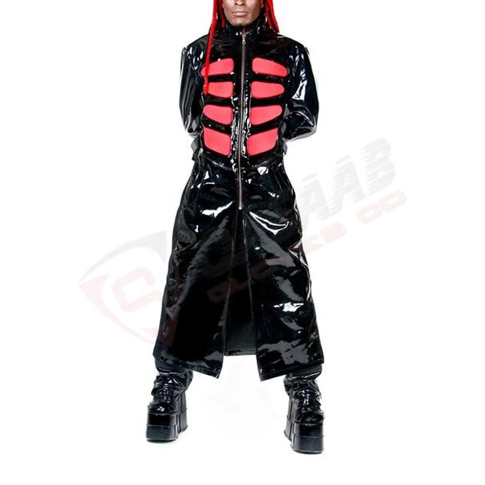 Blacked Goth-fetished Leather Men Trenched Gothic-Coat