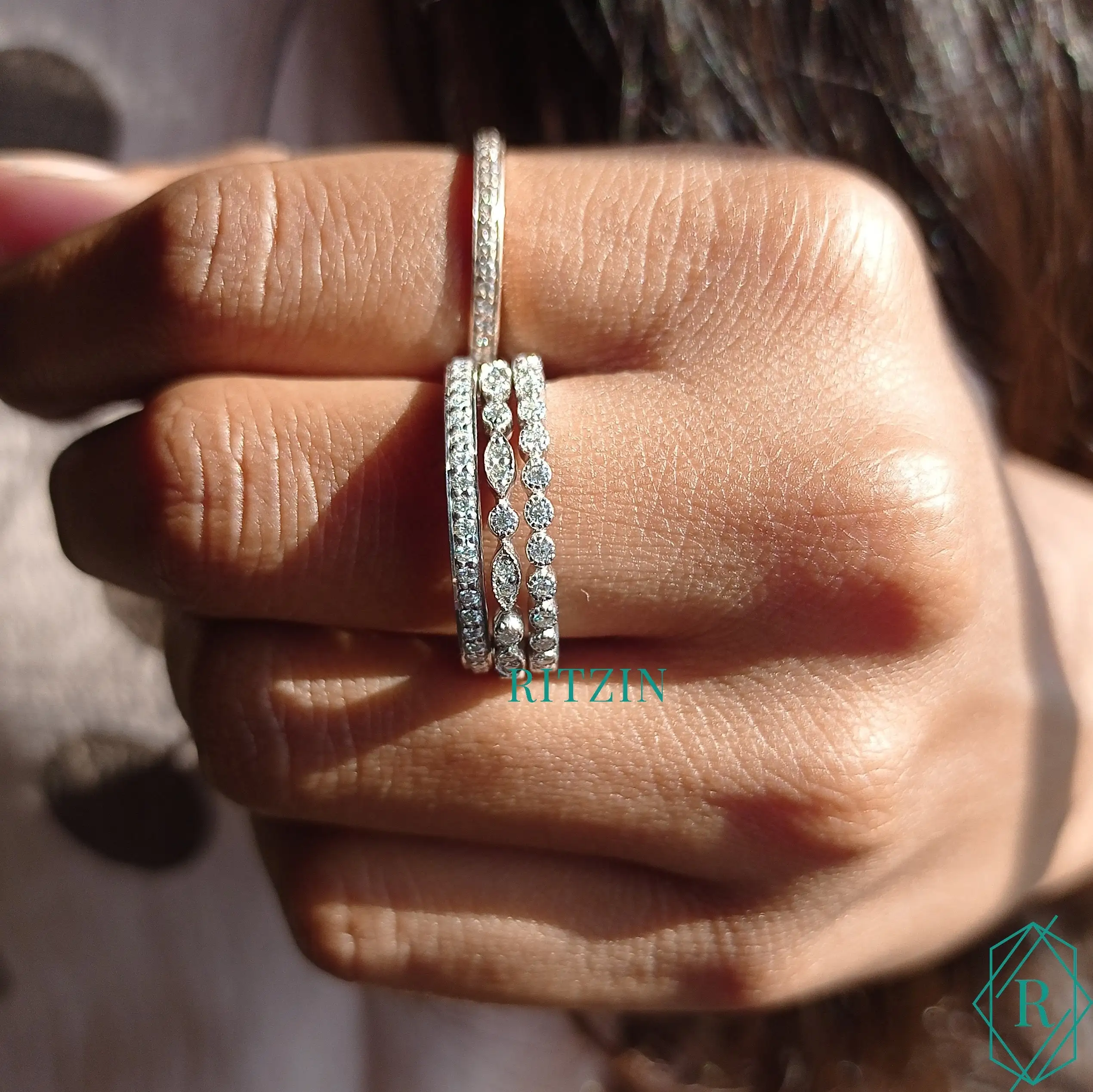 Round Cut Moissanite Diamond Three Set Layer Ring, Art Deco Engagement Ring