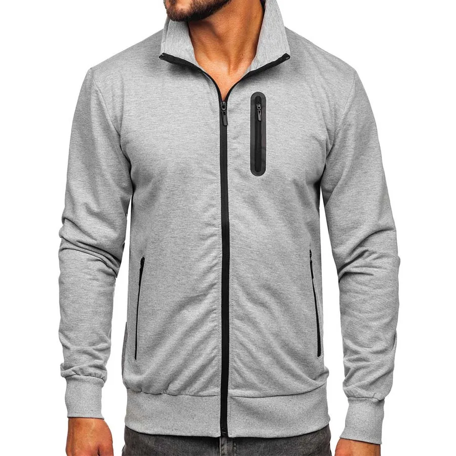 Deep Grey Sports Man Plain Color Sweat jacket Standing Collar Thermal  Sweater