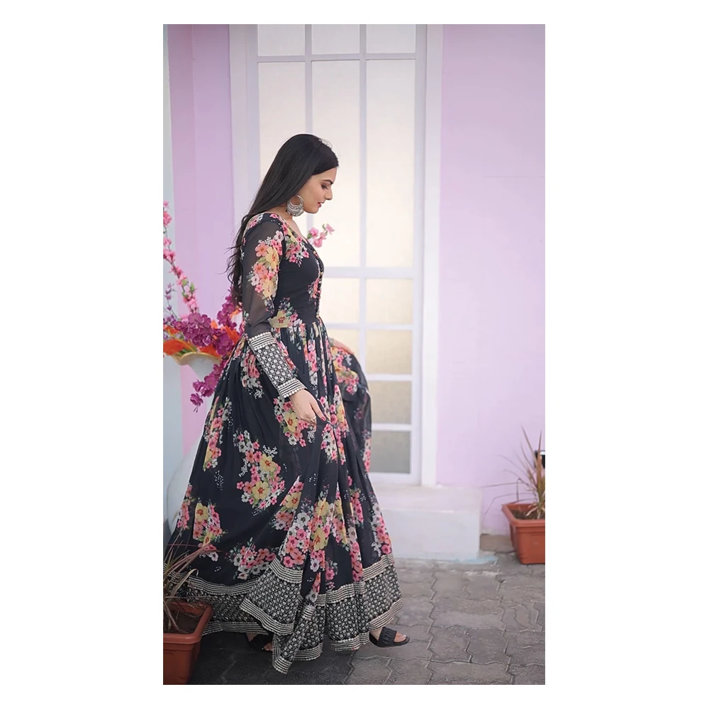 Luxury Clothing Designer Gown High Quality Faux Georgette Floral Printed Made by Zari-Thread & Sequins Embroidery