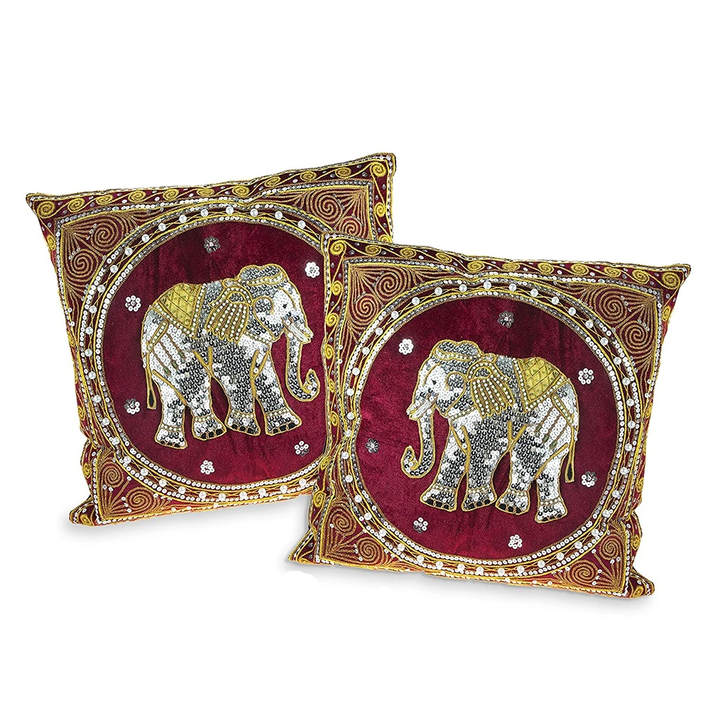 Set of 2 Thai Elephant Embroidered Velvet Throw Pillow Cases Red Cushion Covers