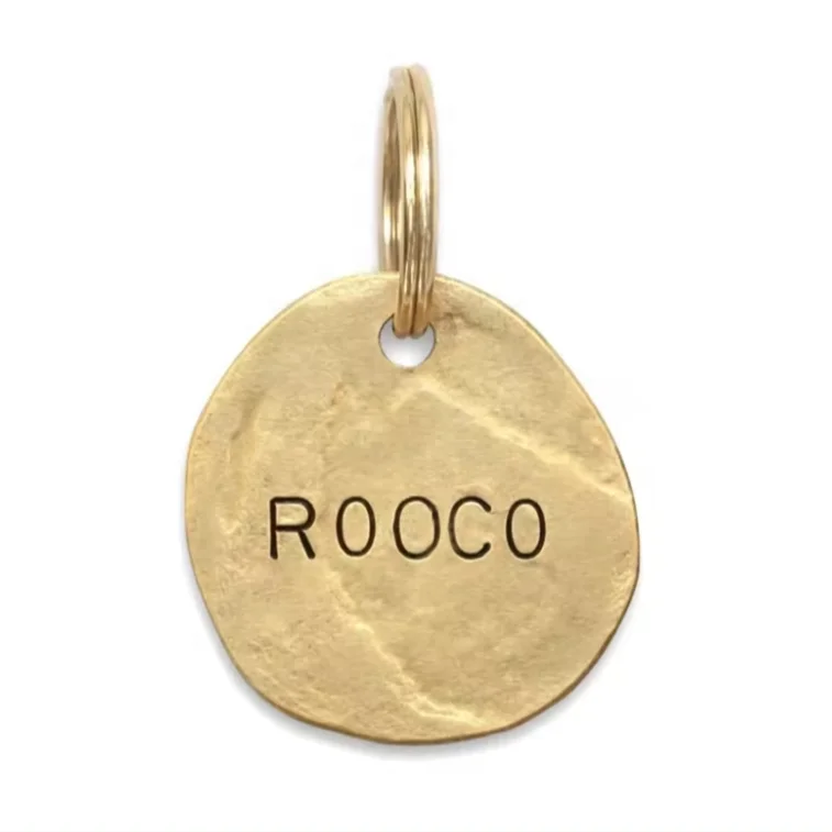 Custom logo engraved solid brass rough and not smooth round blank brass dog tags with struck effect