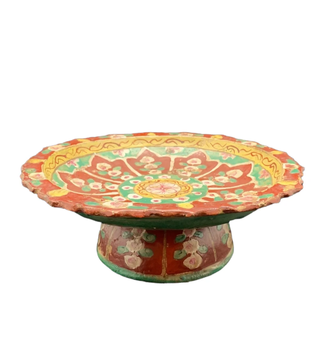 Antique Benjarong Ceramic Stem Dish Decorated With A Floral Design With In Lotus - Petal Shape Panels On Red Ground For Collect