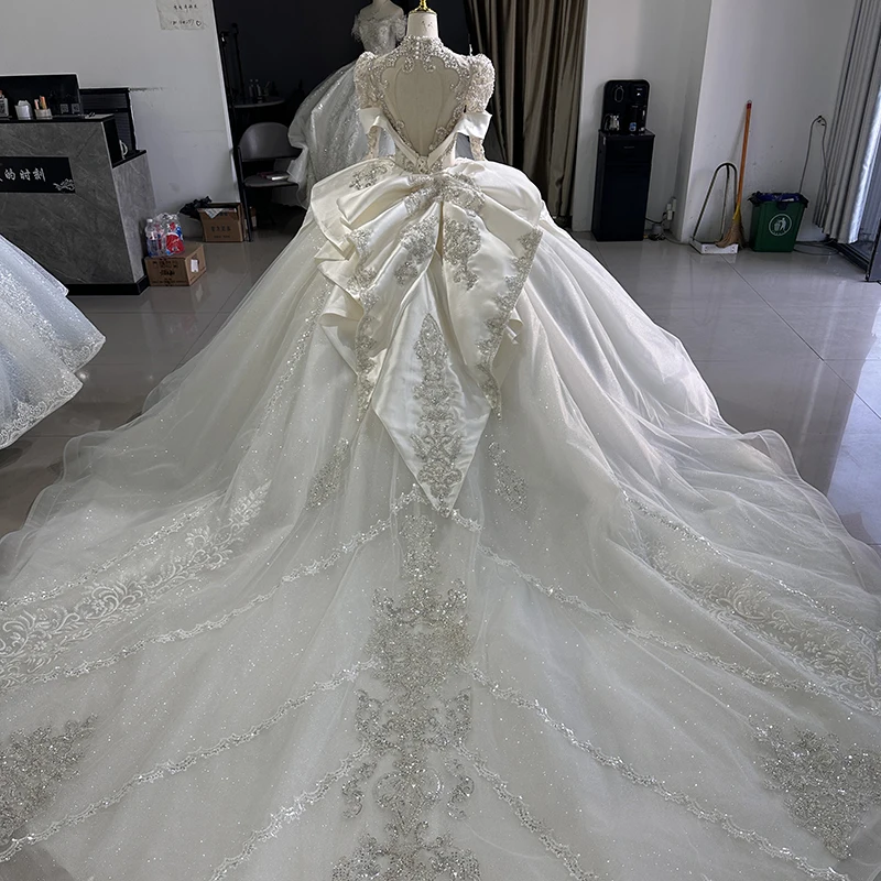Jancember XS012 Luxury High Neck Long Sleeve Beading Ball Gown Satin Wedding Dresses