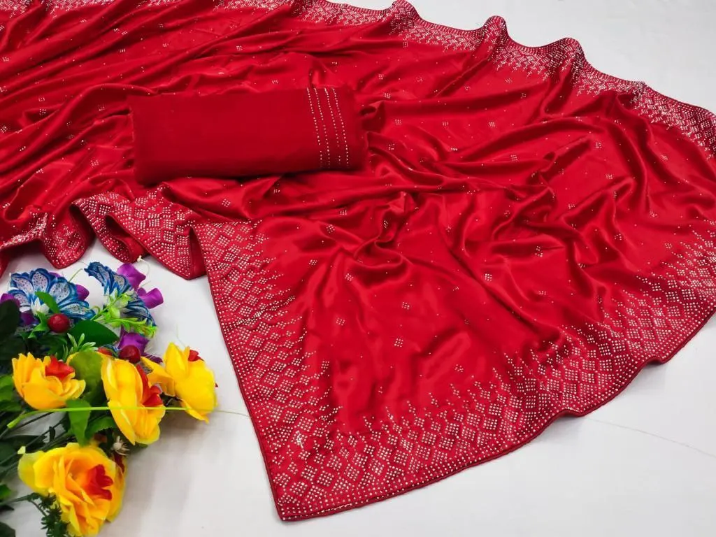 Soft Rangoli Silk Fabric With Designer Diamond  Work Along With Matching Blouse & Piping