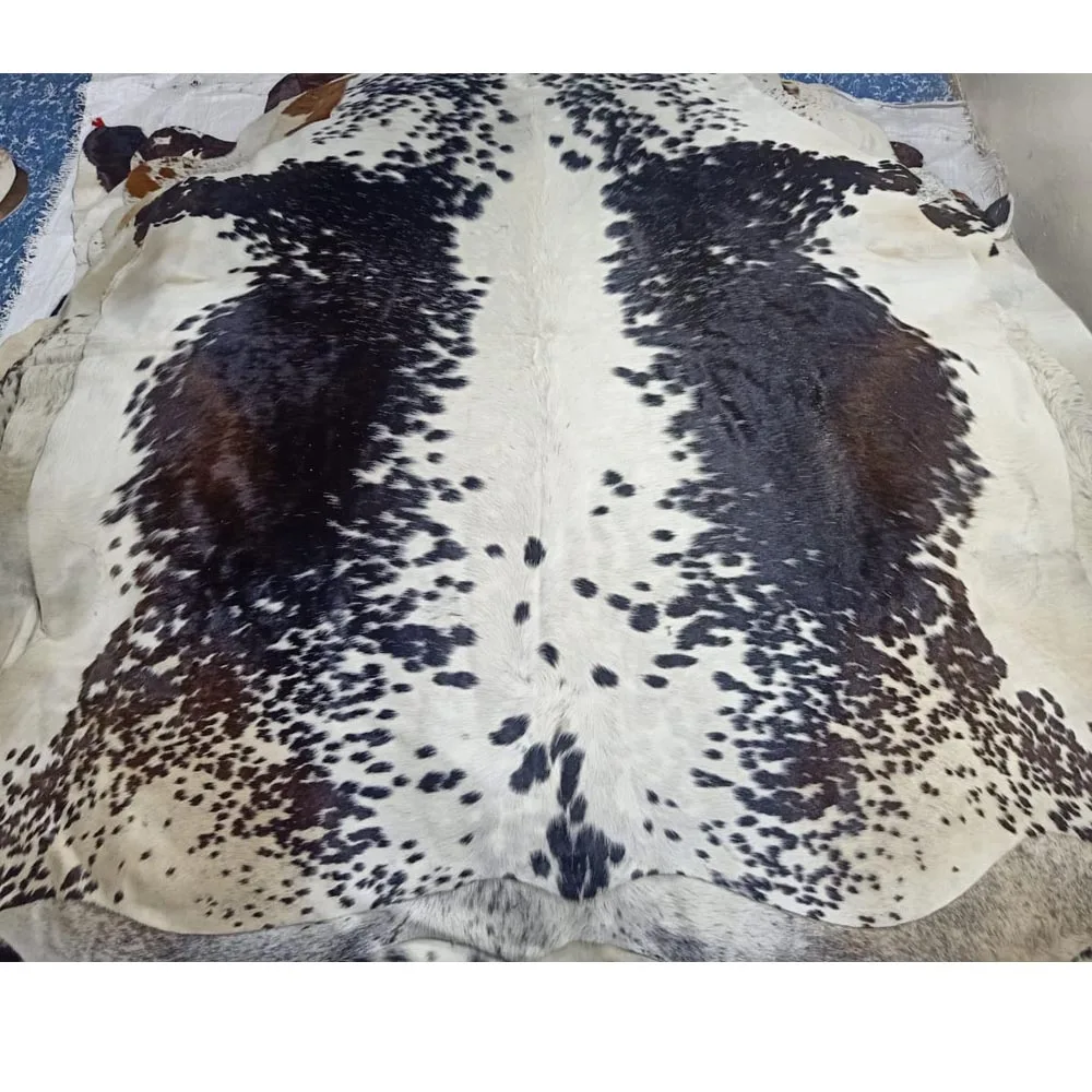 Cowhide Rug-Black and white Cowhide Rug-Living Room Rug-Hair On Rugs-Tri-colour Rugs-Brindle Cowhide-Ottoman Rugs-Soft Carpet