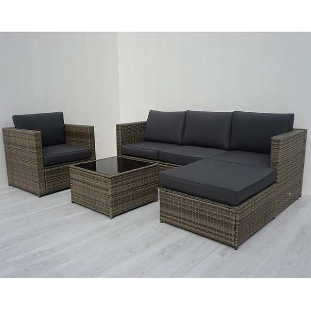 Set of Rattan Garden Furniture with 5 Seater Dark Grey Cushion Sofa and 1 Coffee Table with tempered glass