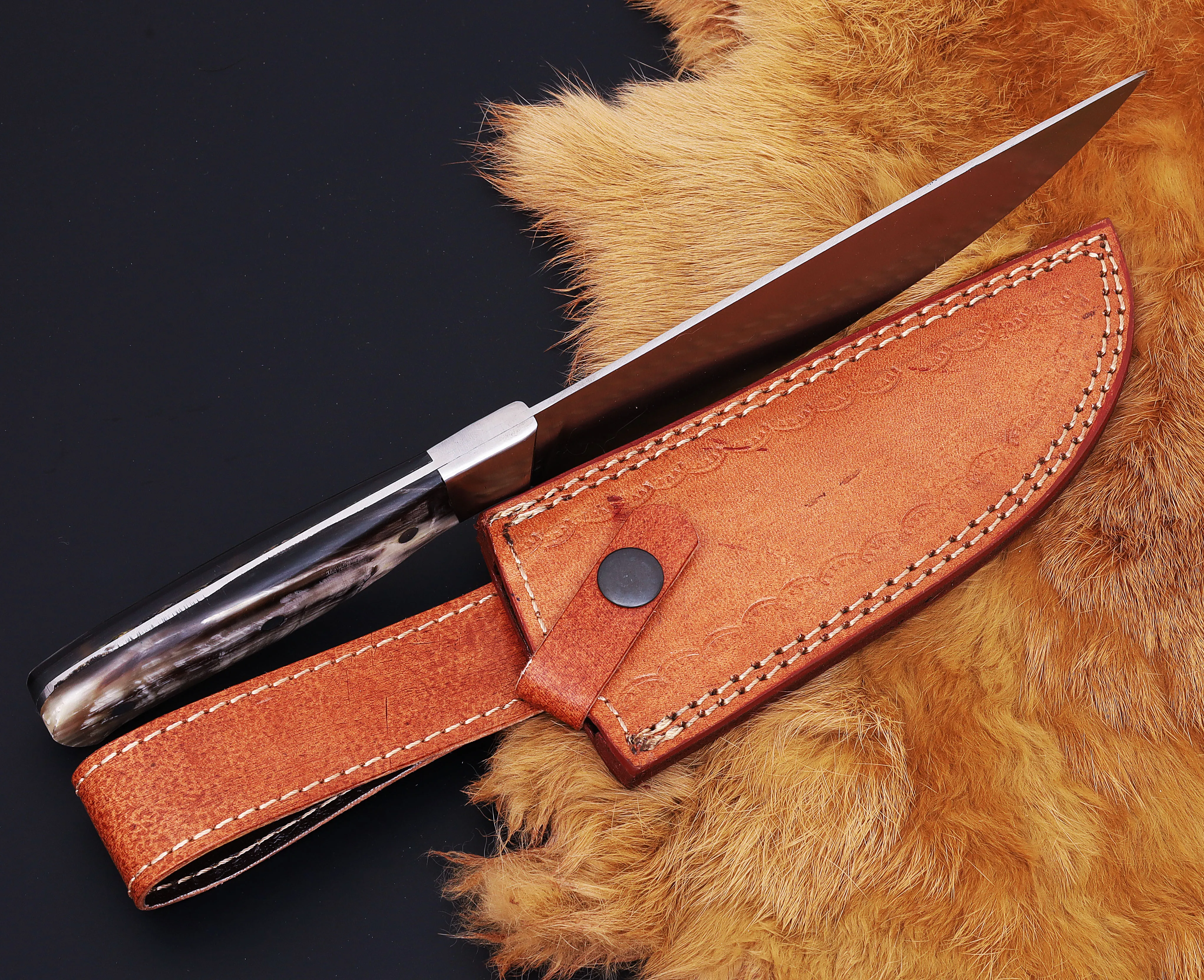 Buffalo horn handle handmade stainless steel blade and bolster meet cutting kitchen use sharp edge chef knife with leather cover