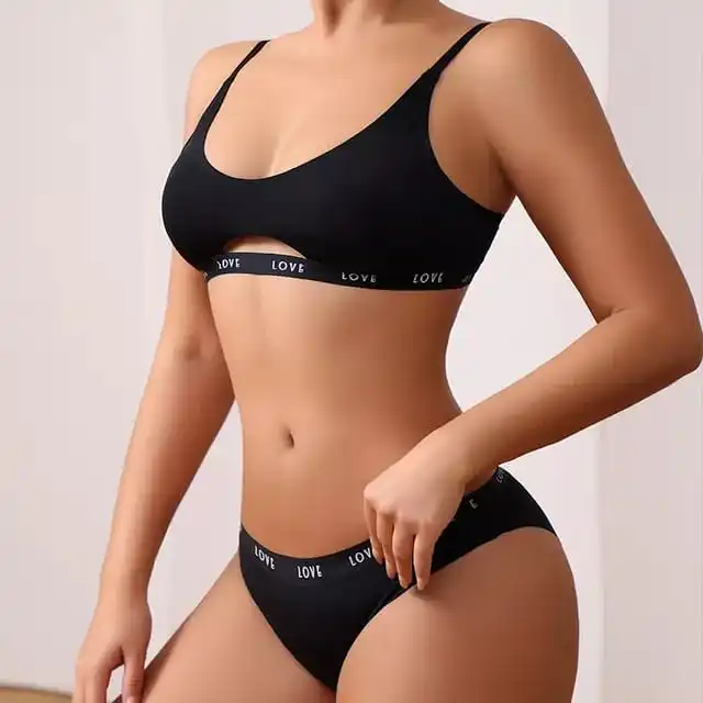 OEM Custom Logo Letter Printing Sports  Cotton Fitness Thong Underwear Women Sexy Panties and Push up Bra Set Swimwear Beachwear