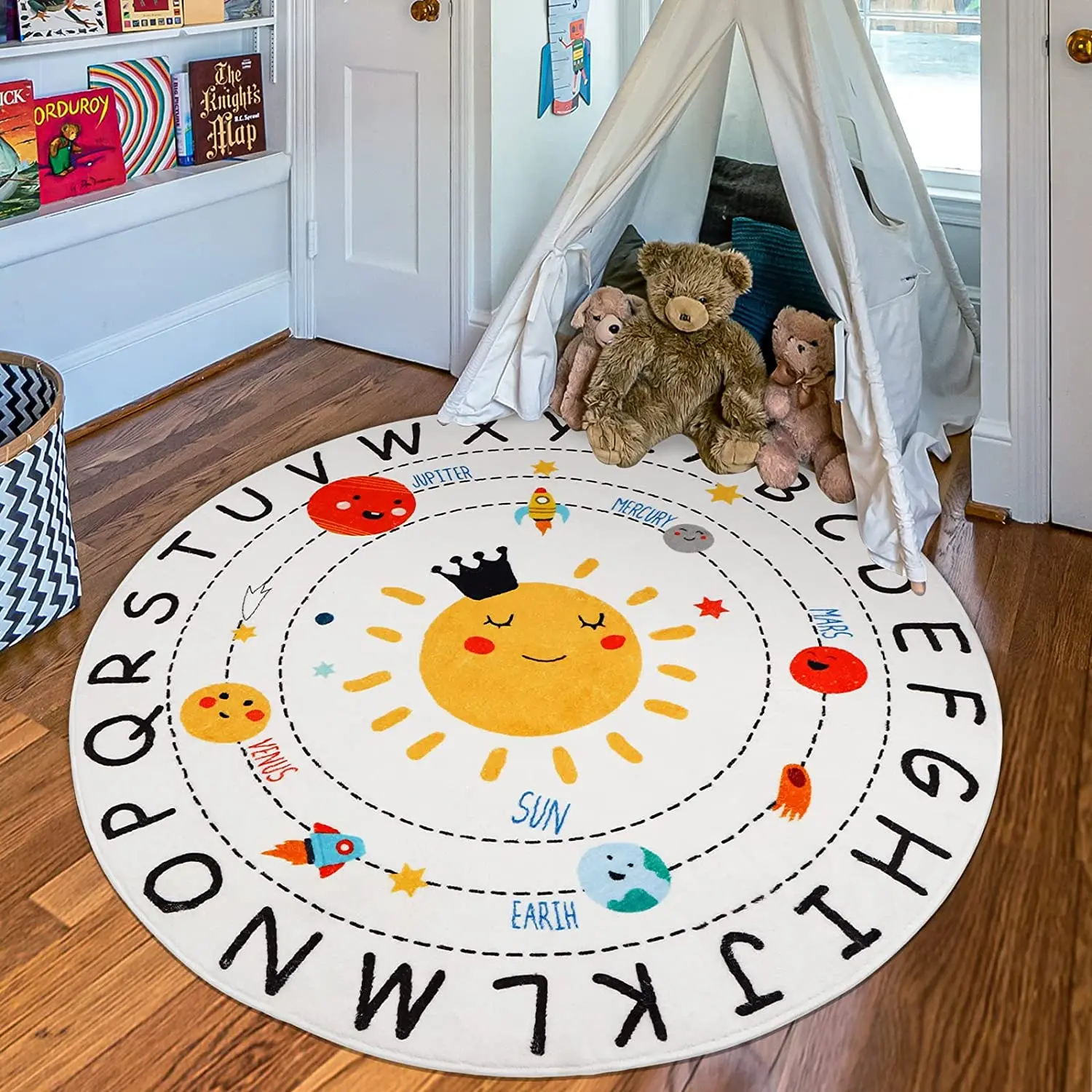Round ABC Kids Carpet Children Educational Learn Fun Rug Hand Woven Alphabet Baby Crawling Mat Activity Centerpiece Play Mat