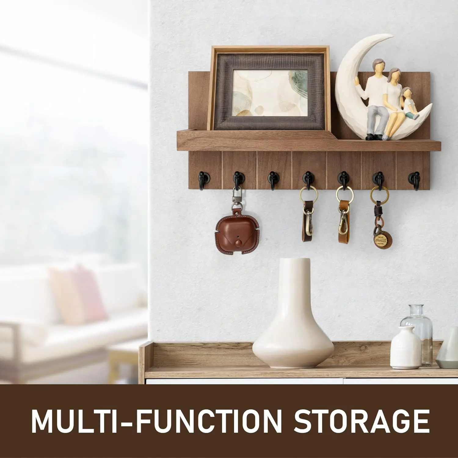 Key Holder for Wall - Farmhouse Rustic Mail Organizer Floating Shelf for Home Kitchen Entryway Decor with 7 Sturdy Key Hooks