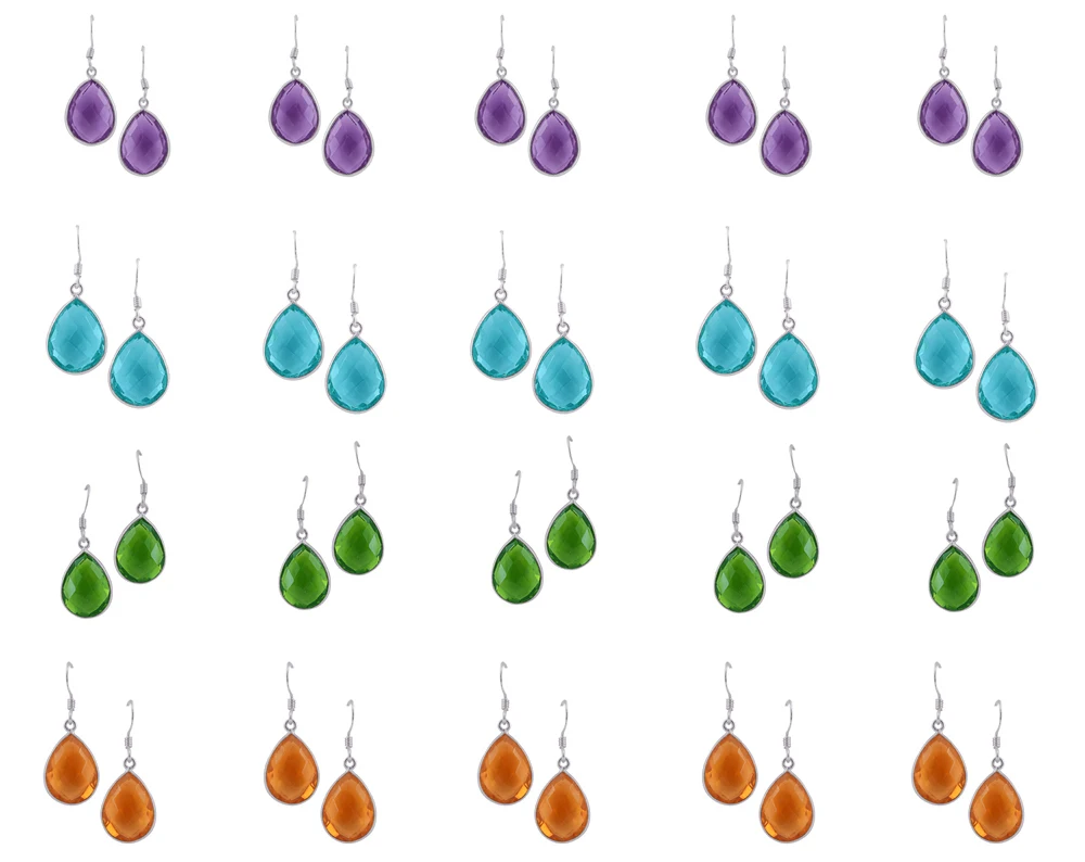 Pure sterling silver colored glass bezel set drop earrings jewelry wholesale lot