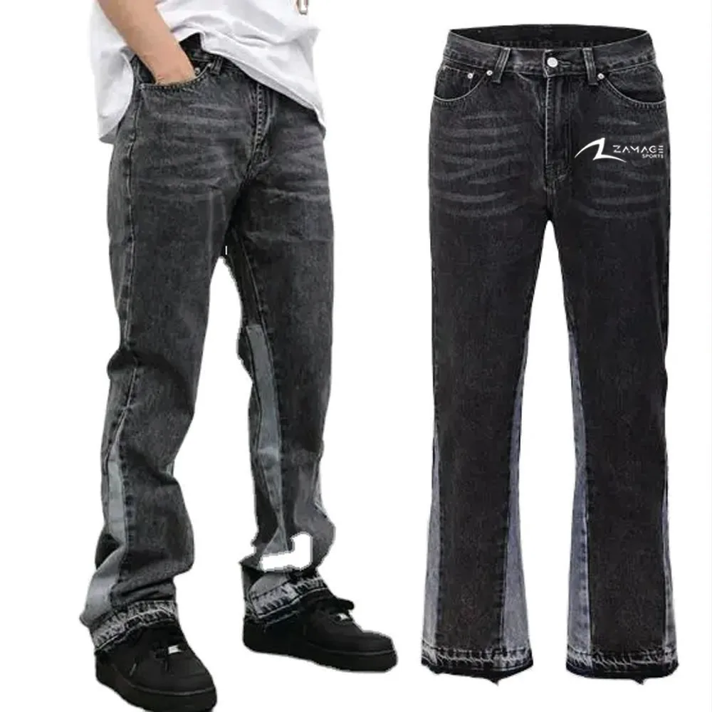 High Street Hip Hop Custom Jeans Skeleton Straight Denim Black Washed Slim Fit Stacked Denim Jeans Pant For Men