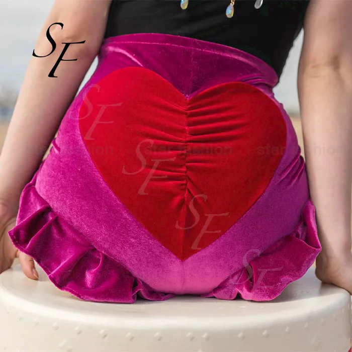 Custom summer sexy club color matching skinny heart bum peach butt velvet knickers ruffles women velour biker shorts