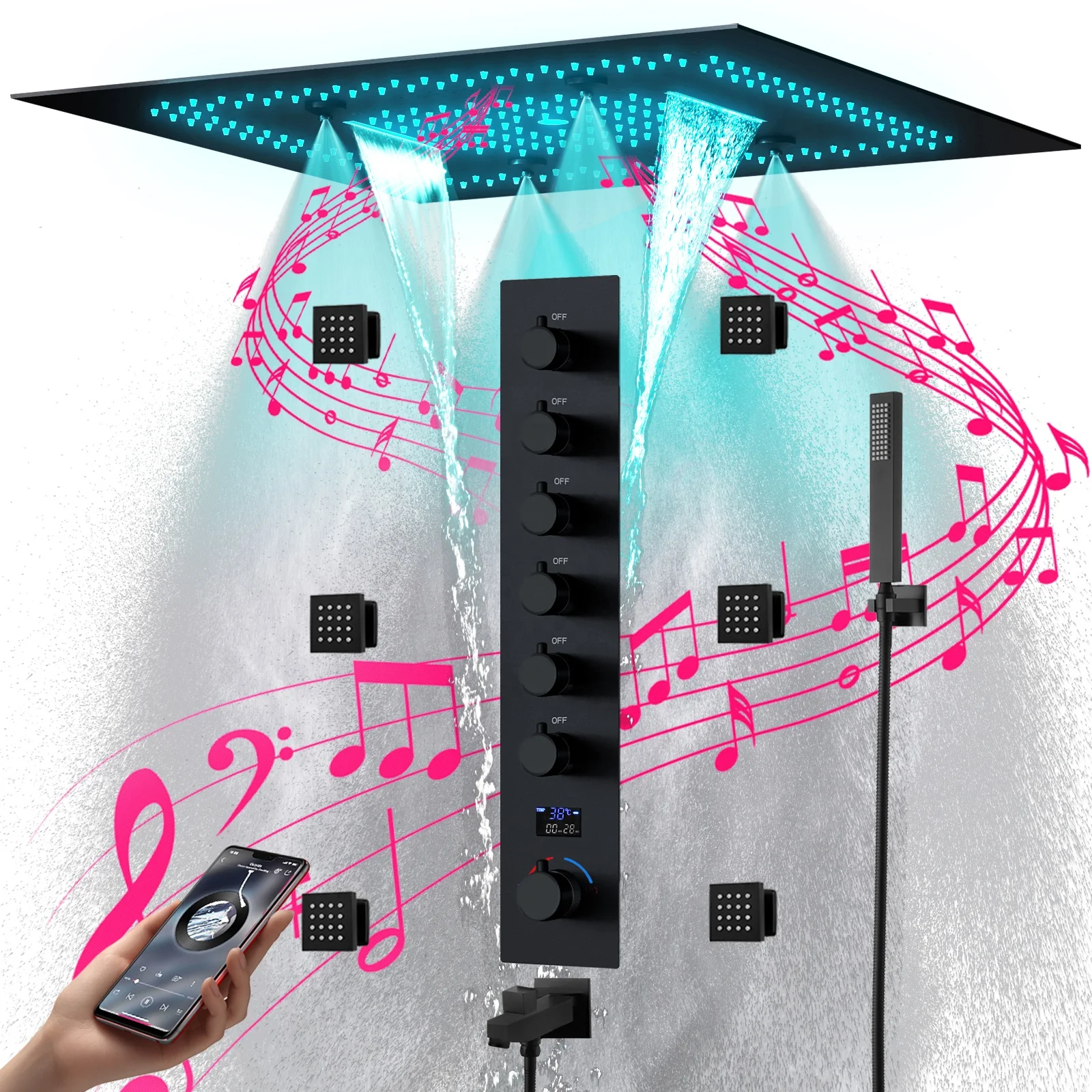 Large 600*600mm Rain Shower Panel 6 Function Shower System Cold and Hot Bathroom Showers Faucet Set LED Music Showerhead