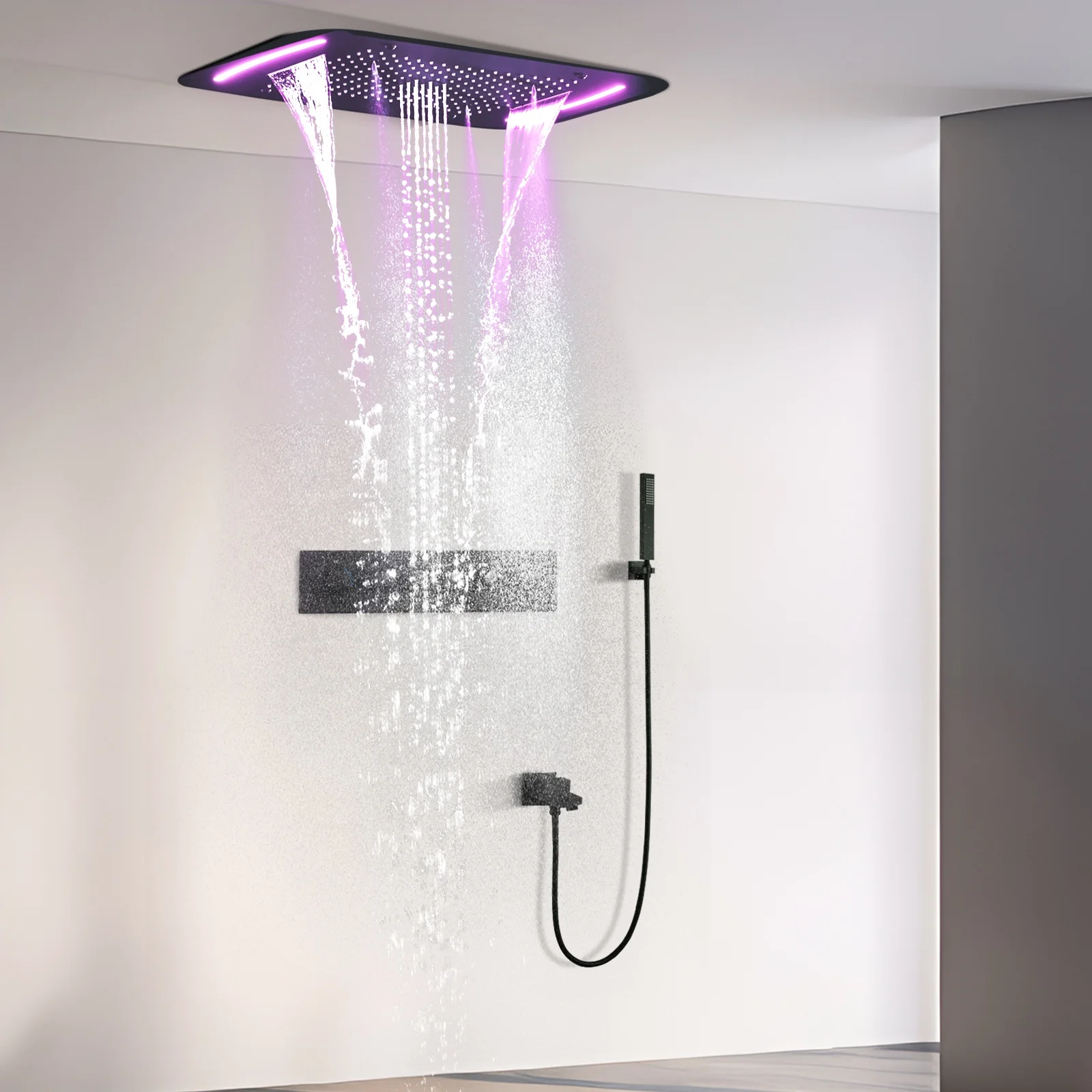 Matte Black 710*430 MM Ceiling Concealed Mounted Waterfall Rainfall Mist Water Column LED Shower Set Thermostatic Shower Faucets