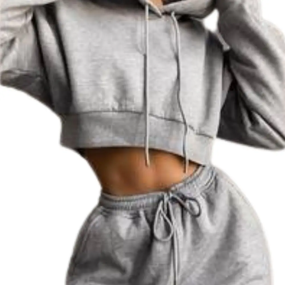 Cropped Solid Casual Streetwear Two Piece Jogger Suit Women Sweatshirts Pullover Hoodie Set Women Long Sleeve Full OEM Service