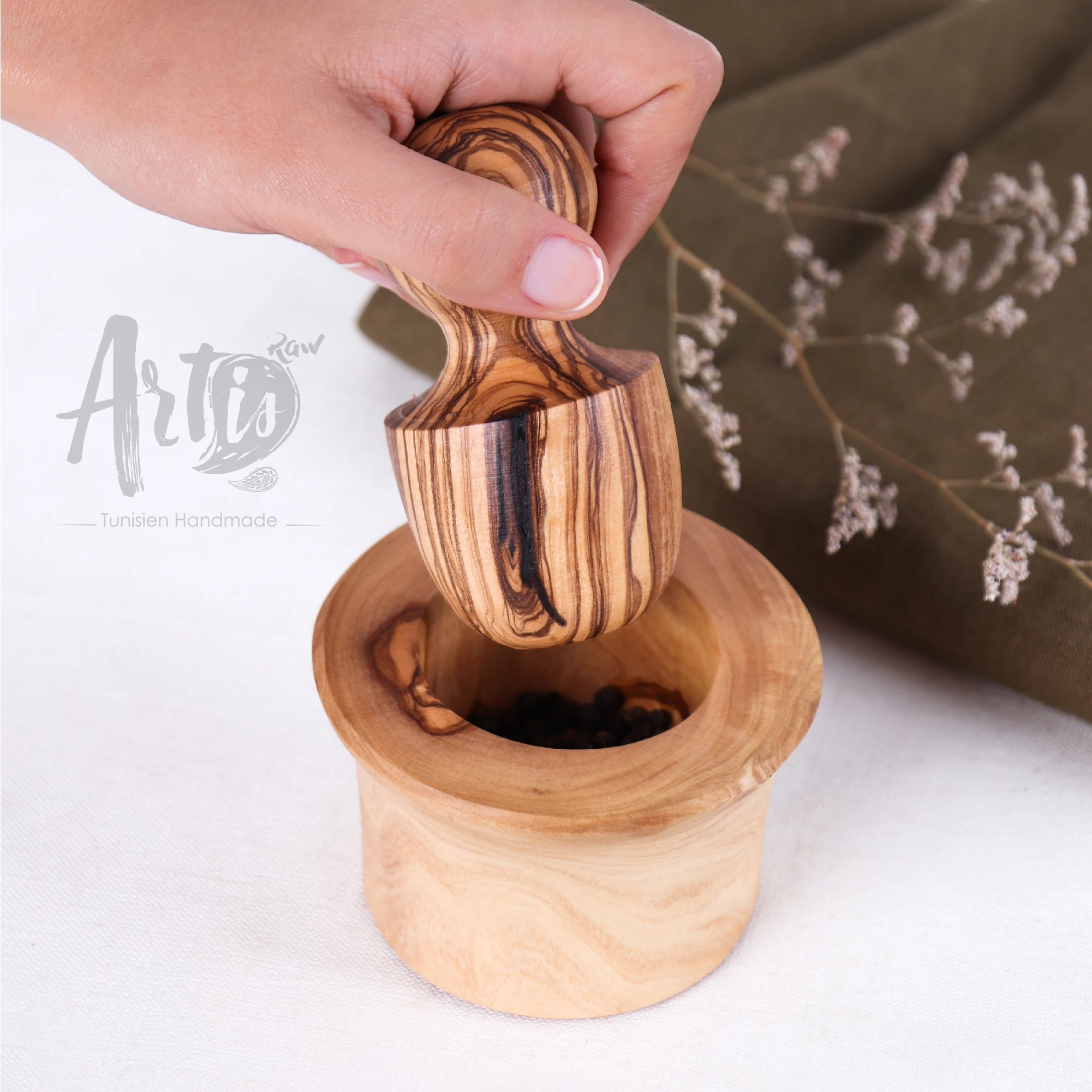 High Quality Wooden Garlic Press made of Tunisian Olive Wood |Mortar and Pestle Grinding Bowl | Wooden Masher | Spice Herbs Crus