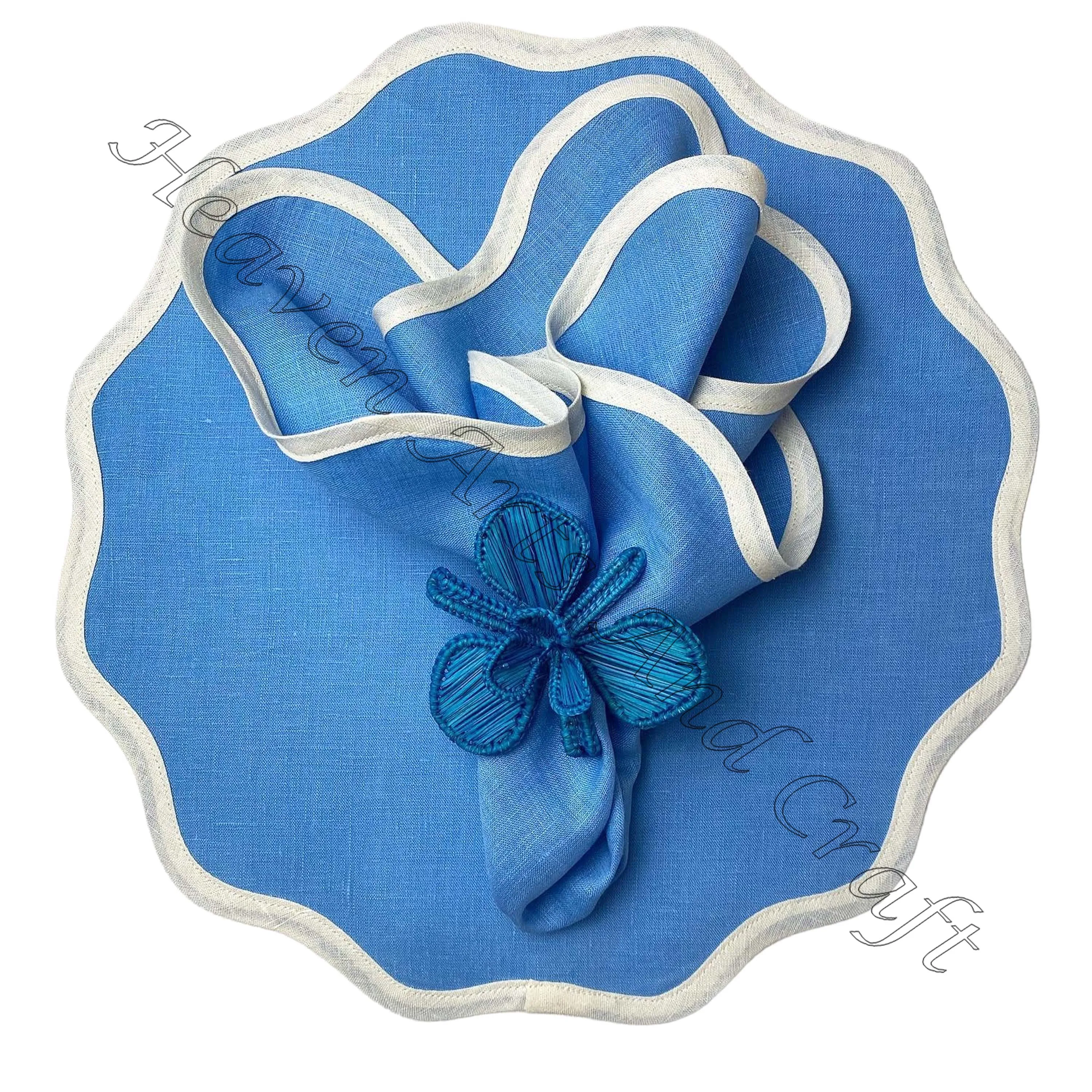 100% Linen Pure Cotton Indian Factory Dinner Hand Block Printed Scallop Napkin Dinnerware Sets  Hotel Restaurant Use Wholesale