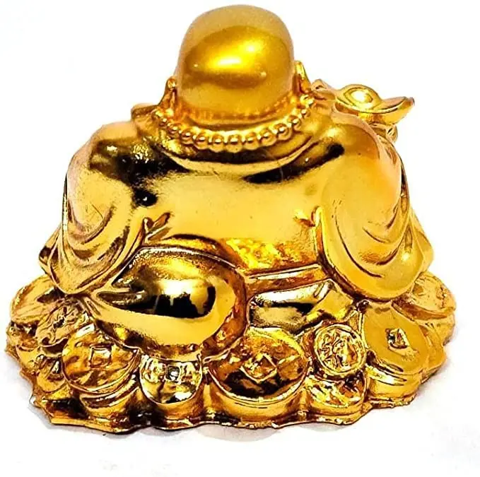 Feng Shui Laughing Buddha Sitting on Luck Money Coins Carrying Golden Ingot for Good Statues Figurines Sculptures Luck & Wealth