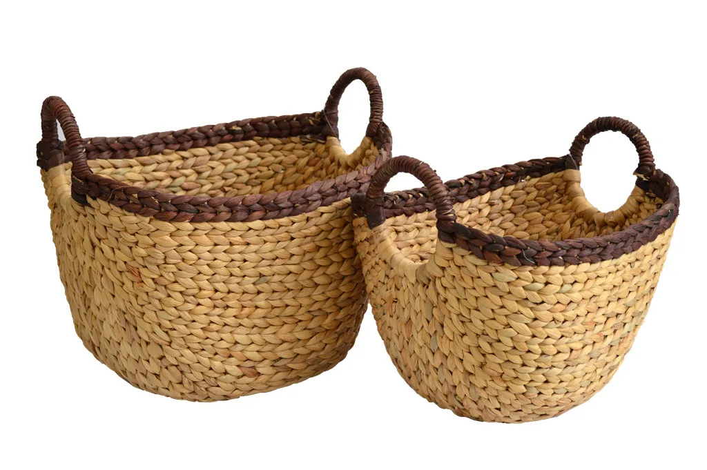 Set of 2 Food Grade Hyacinth Woven Baskets Water Hyacinth & Bamboo Storage & Kitchen Container Wicker Kitchen Basket