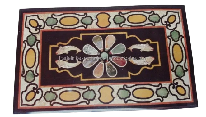 Exclusive Multi-Gemstone Marble Dining Table Top Pietra Dura Stone Inlaid Contemporary Style Kitchen Living Room Office Home Use