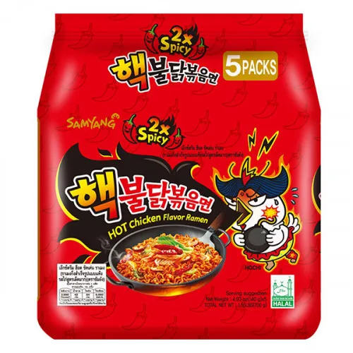 Samyang 2x Hot Spicy chicken stir fried ramen noodles, Extreme Spicy Red packing Korean noodles (2x Spicy Red 5 PACKS) .