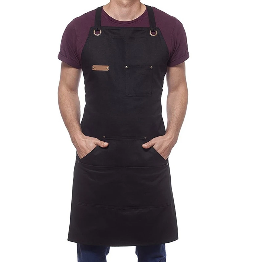 Custom Kitchen Barbershop Coffee Apron Black Denim Cotton Canvas Cooking Apron Pockets Fabric Polyester Material Wholesale MOQ