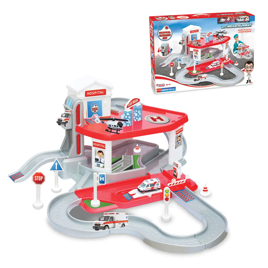 2 Level Hospital Garage Set and Mega Pist Include 1 Metal Helicopter 1 Metal Car Toy for Kids Fun Parking Garage Slot Wholesale
