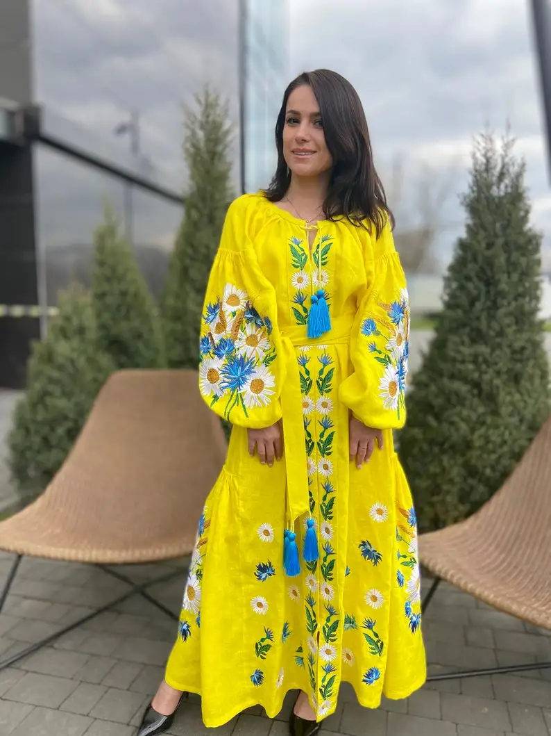 Unique Style Elegant & Modern Ukrainian Embroidered Dress Original Gift For Woman Incredibly Soft Linen Holidays Lady Maxi Dress