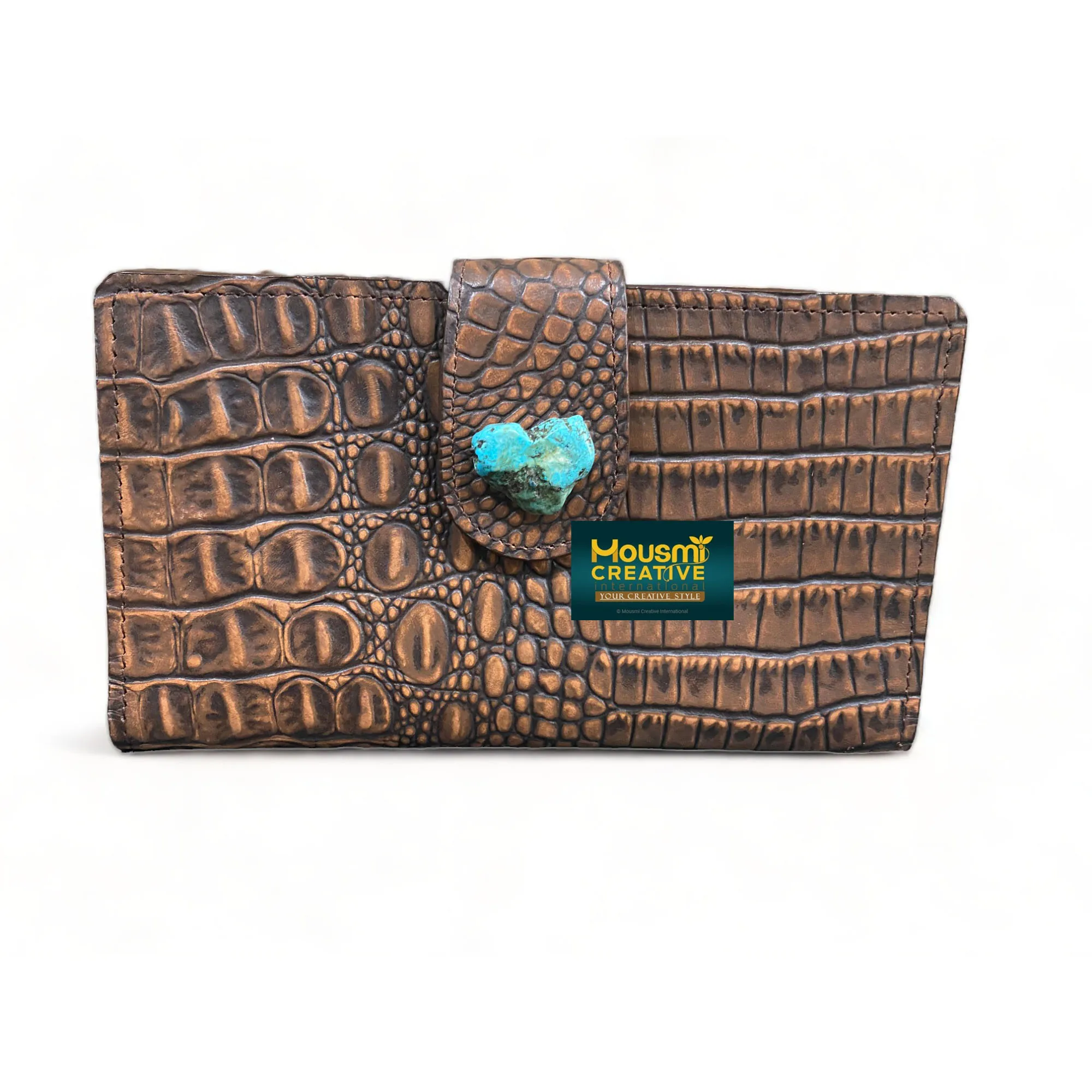 Exotic Leather Crocodile Cowhide Ladies Clutch Wallet Heart Shape Turquoise Stone Decorated Stripe Magnet Clutch OEM Accepted