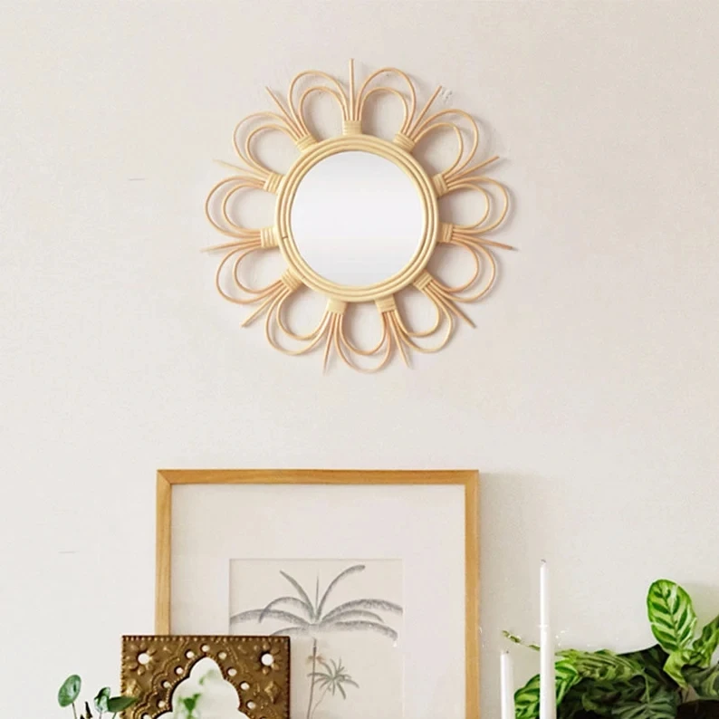 Elegant Rattan Mirror Frame With Intricate Weaving For Hallway Accent