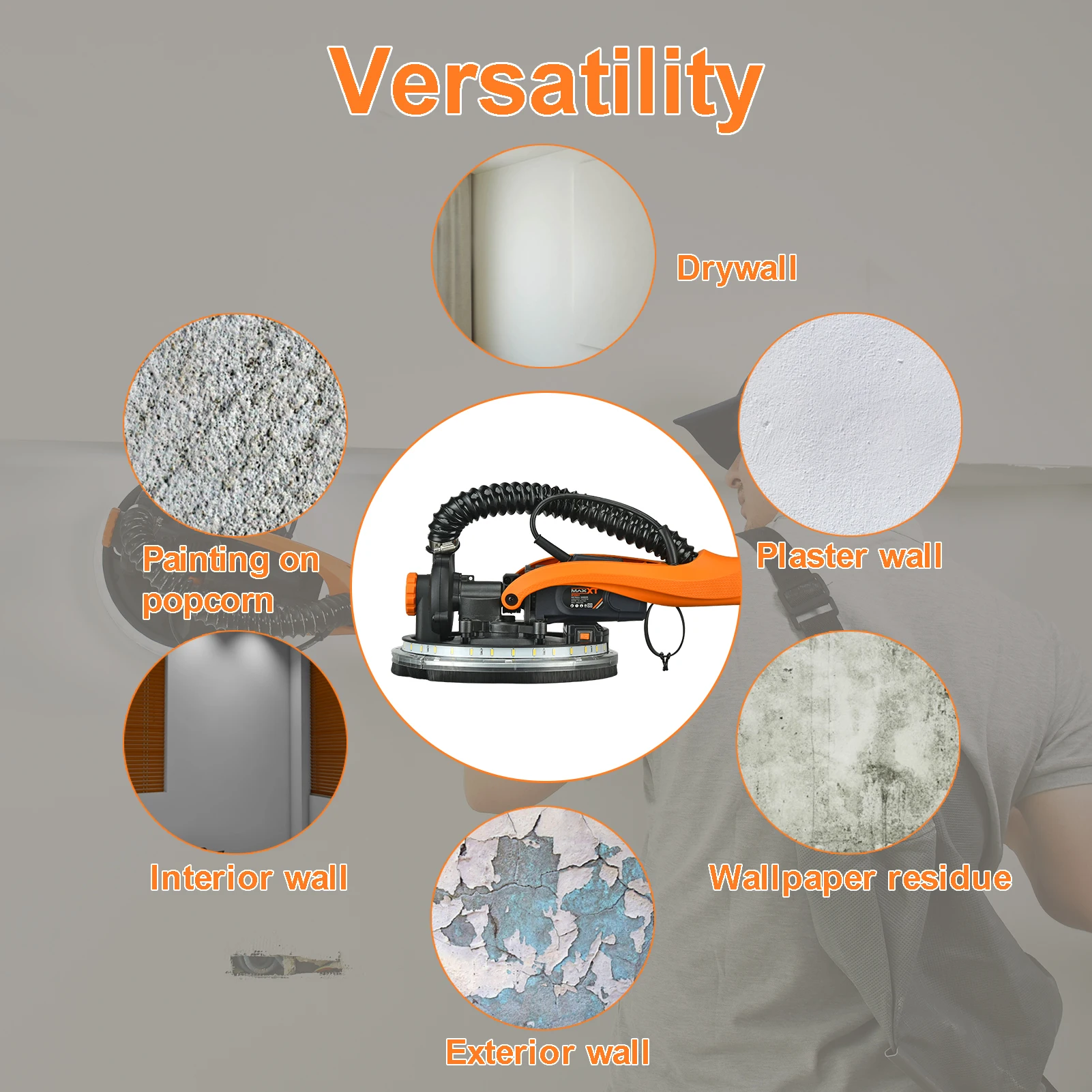 MAXXT 9-Inch Electric Drywall Putty Wall Machine 110V Variable Speed Sanding Wall Ceiling Grinder with 1900rpm for DIY