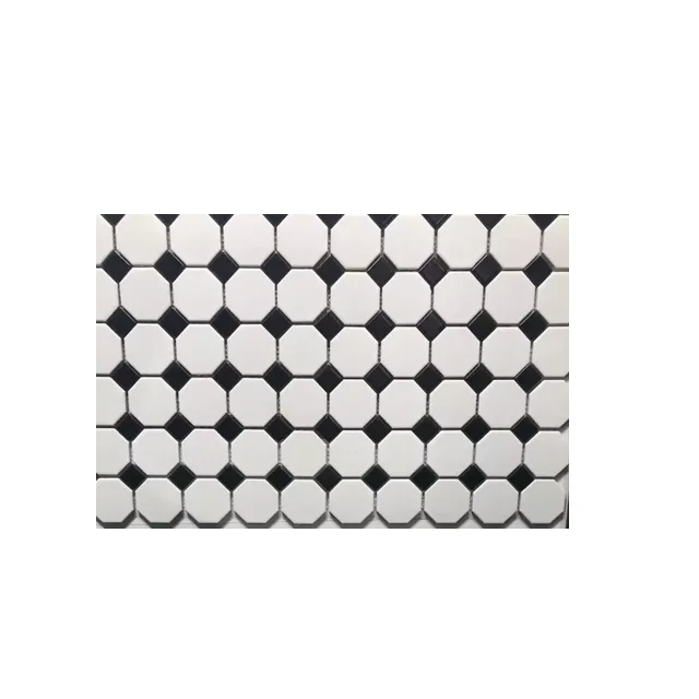 Buy White and Black Octagon Porcelain Mosaic Tails For Bathroom and Kitchen Backsplash Wall and Floor Decor
