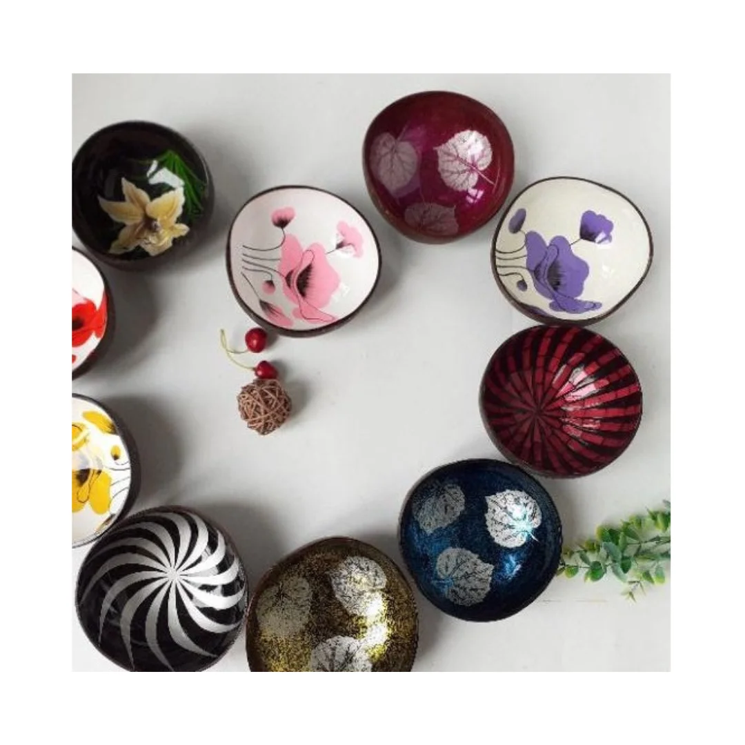 NEW DESIGN 2024 VIETNAM COLORFUL LACQUERWARE COCONUT BOWLS- TRADITIONAL HANDICRAFT PAINTED SHELL BOWL DINNERWARE AT LOW PRICE