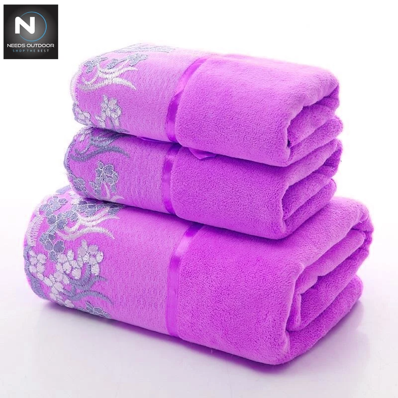 3 Pcs Set Lace Border Embroidery Face Bath Towel Set,Superb Quality Breathable House Hold Towels By NEEDS OUTDOOR