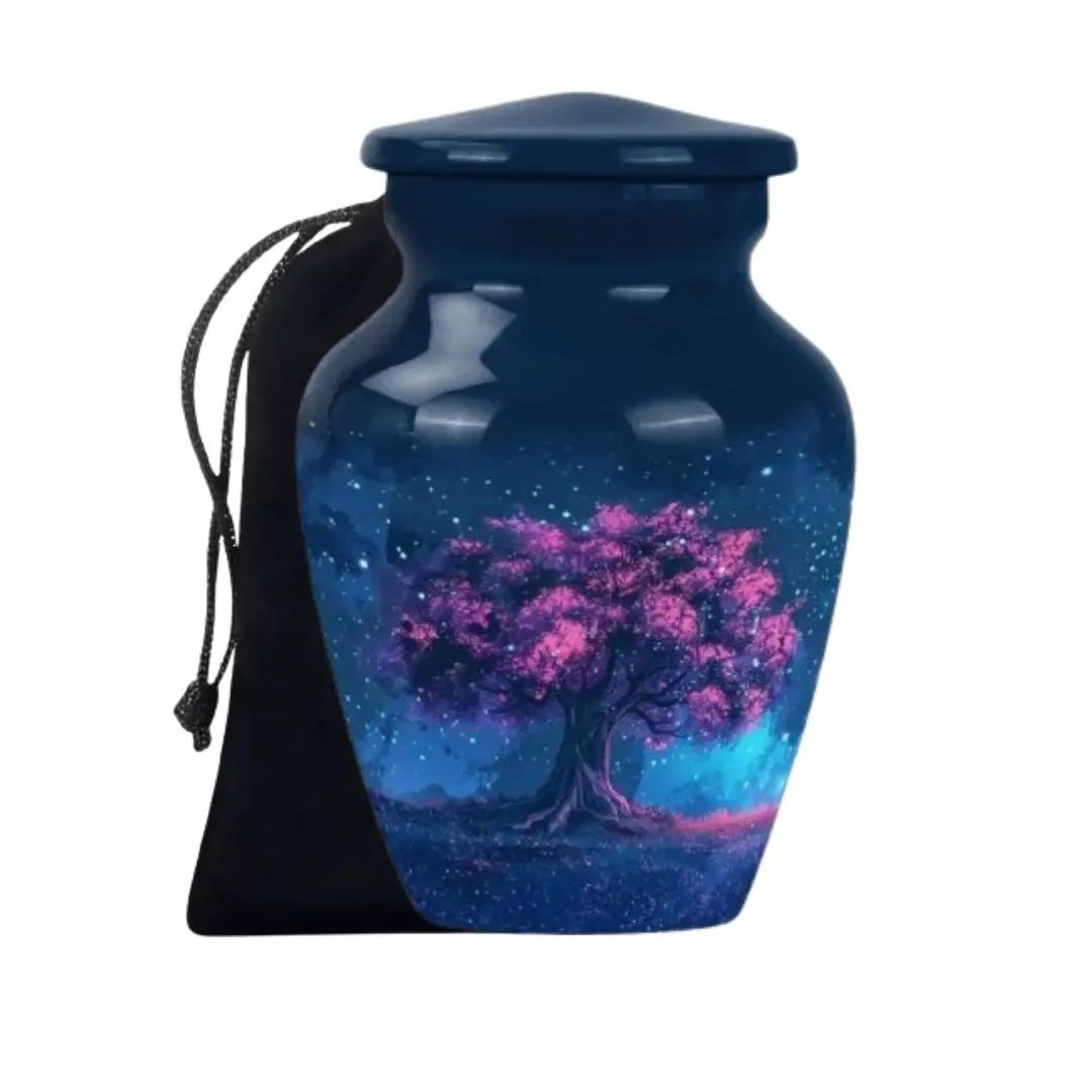 Starry Cherry Tree Cremation Urn Deep Blue with Pink Blossoms Decorative Modern Ashes Urn Space Tree Art Vase for Sale