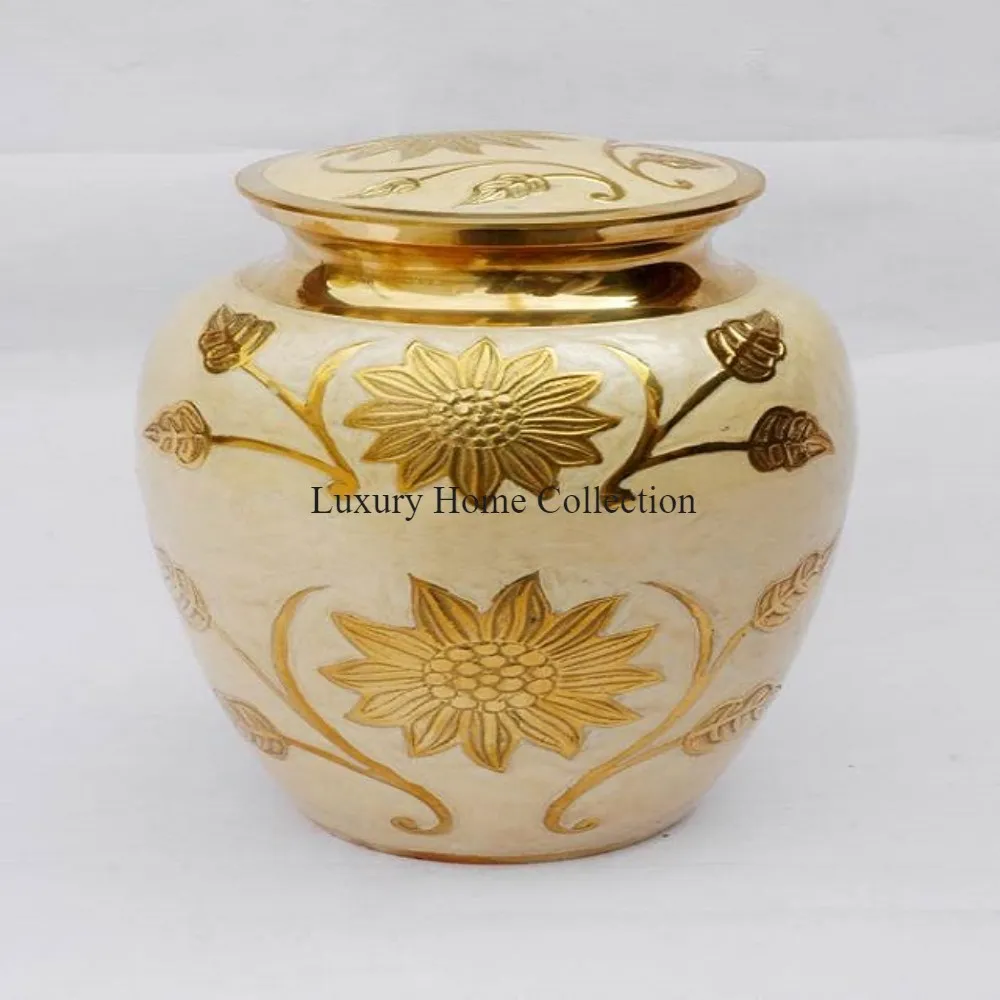 Gold Color Decorative Leaf And Floral Design Ashes Cremation Urns And Pots And Jars Cream Color Powder Coated Latest Arrival