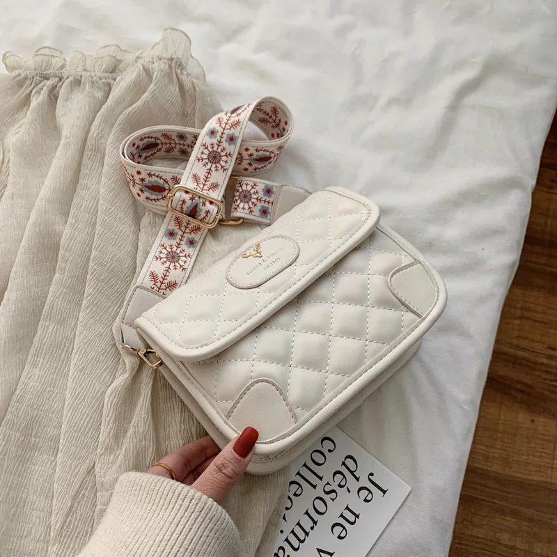 XP1602 Korean simple diamond embroidery thread bag trendy fashion temperament deer head wide shoulder strap messenger bag