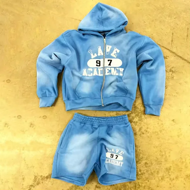 Custom streetwear zip up hoodie and shorts set man sweatsuit embroidery patch sun faded acid washed hoodies tracksuit
