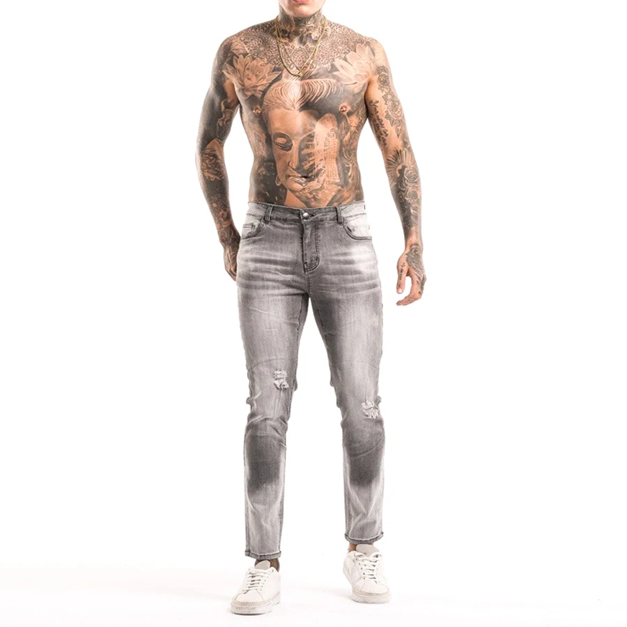 Wholesale Fashion Ripped Grey And White Gradient Street Style Custom Super Stretchy Denim Jeans Men