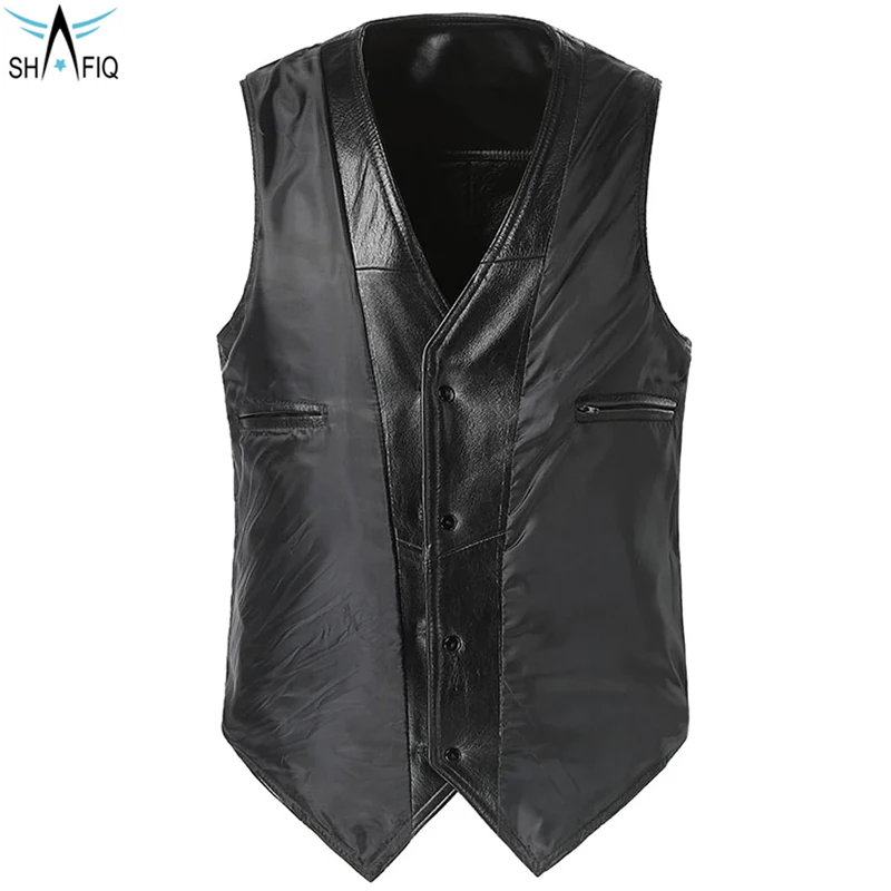 Однотонный черный цвет с боковыми карманами на молнии и V-образным вырезом удобная мужская одежда кожаный жилет от Shafiq Sports
