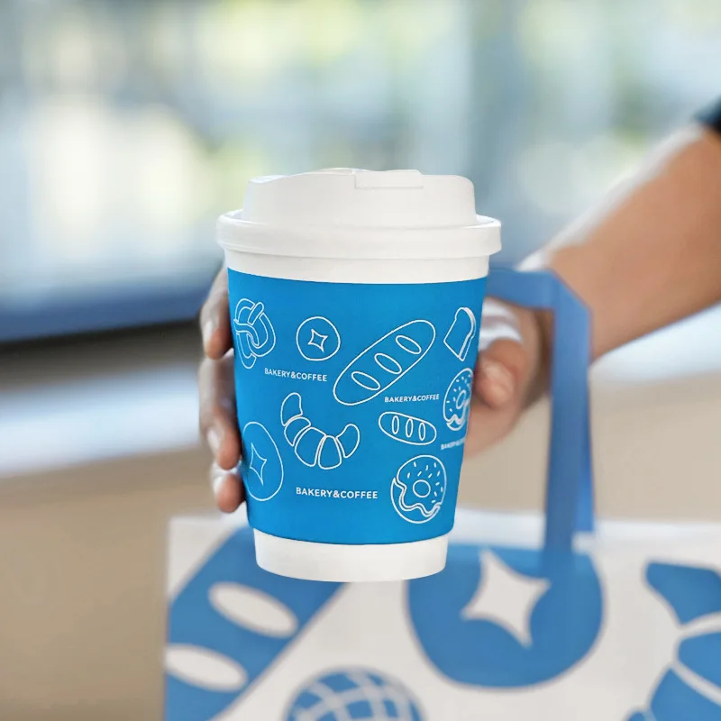 Disposable Empty Blank Blue Paper Coffee Cup Double Wall 8Oz 10Oz 12Oz Plastic Cups Cold Ice Beverage Paper Cup With Lids