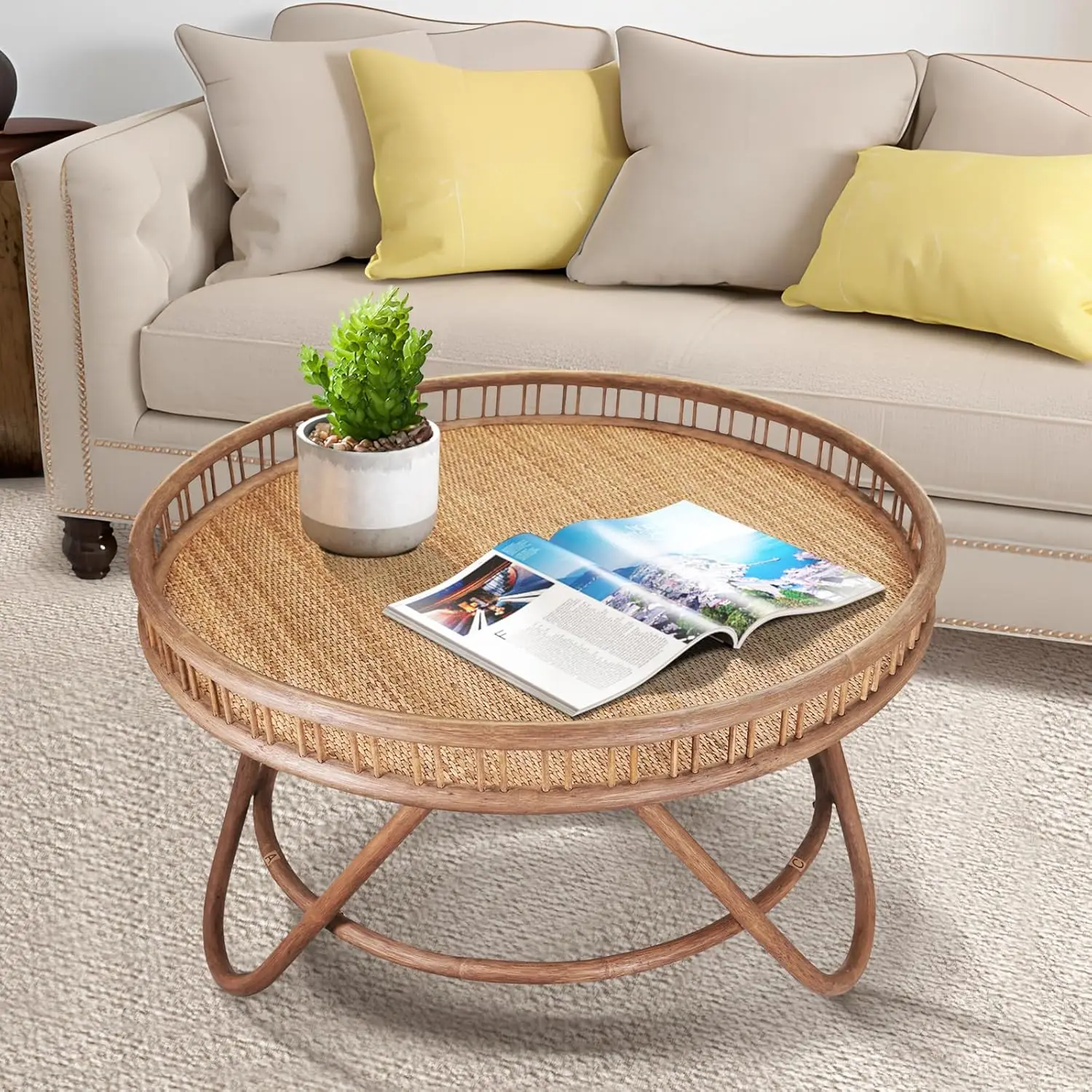 Brown Round Rattan Coffee Table 32x18', Handmade Sustainable Easy Cleaning Rattan Table for Home Hotel Coffee Shop