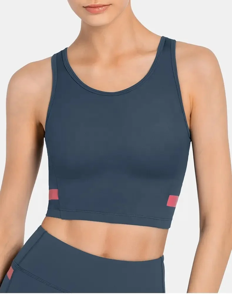 2024 Custom Women Solid Color Knit Dew Shoulder Basic Vest Womens >Womens Crop Tank Tops High Neck Workout Running Sports Bra