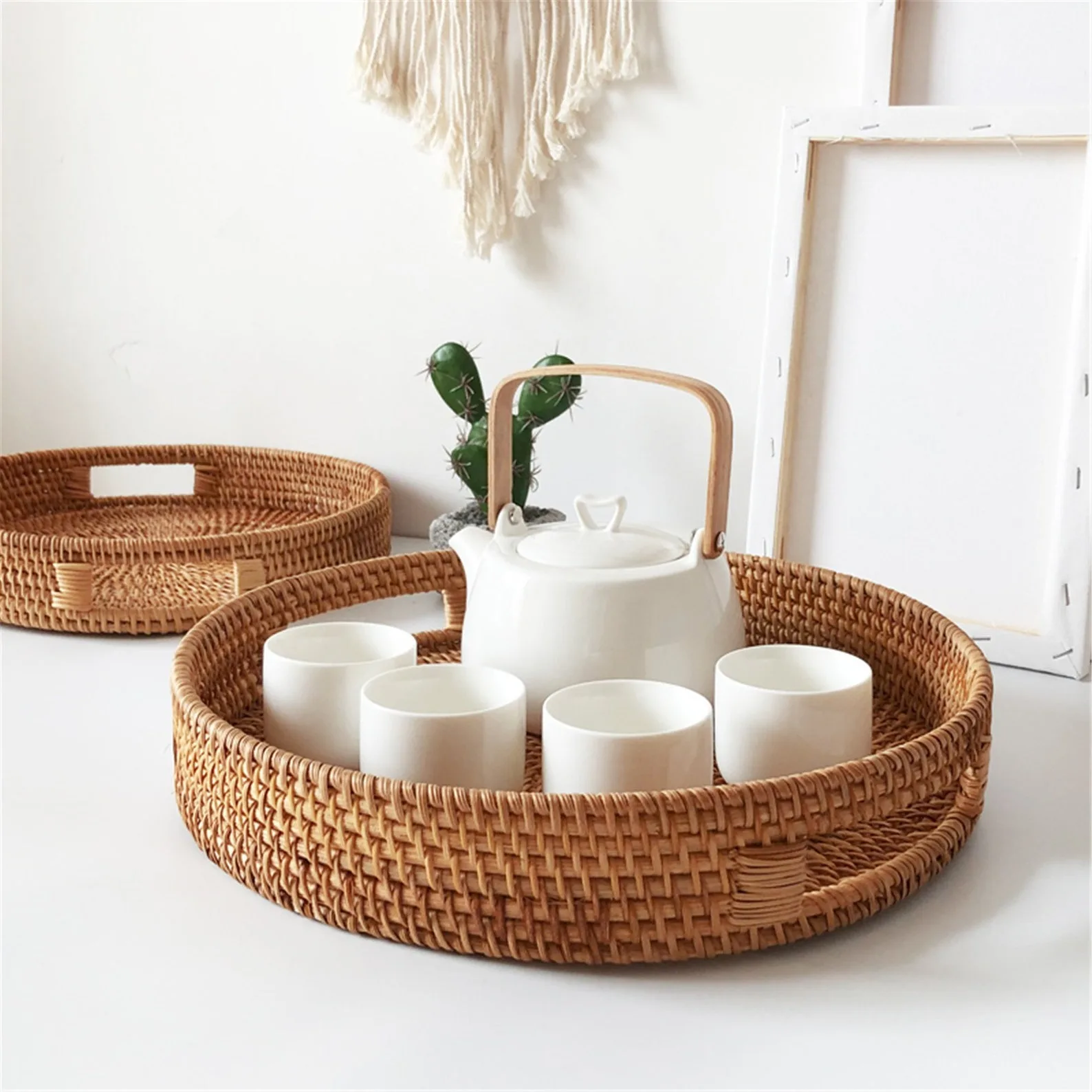 Woven natural round rattan trays with wood handle sustainable biodegradable eco wicker coffee tea bread serving tray set amazon