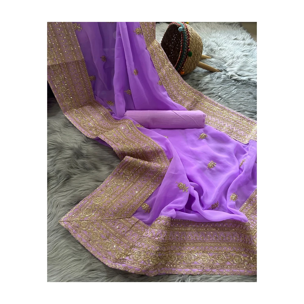 Wholesale Beautiful Traditional Saree Customized Embroidered Georgette Silk Saree with unstitched Blouse Piece at lowest price
