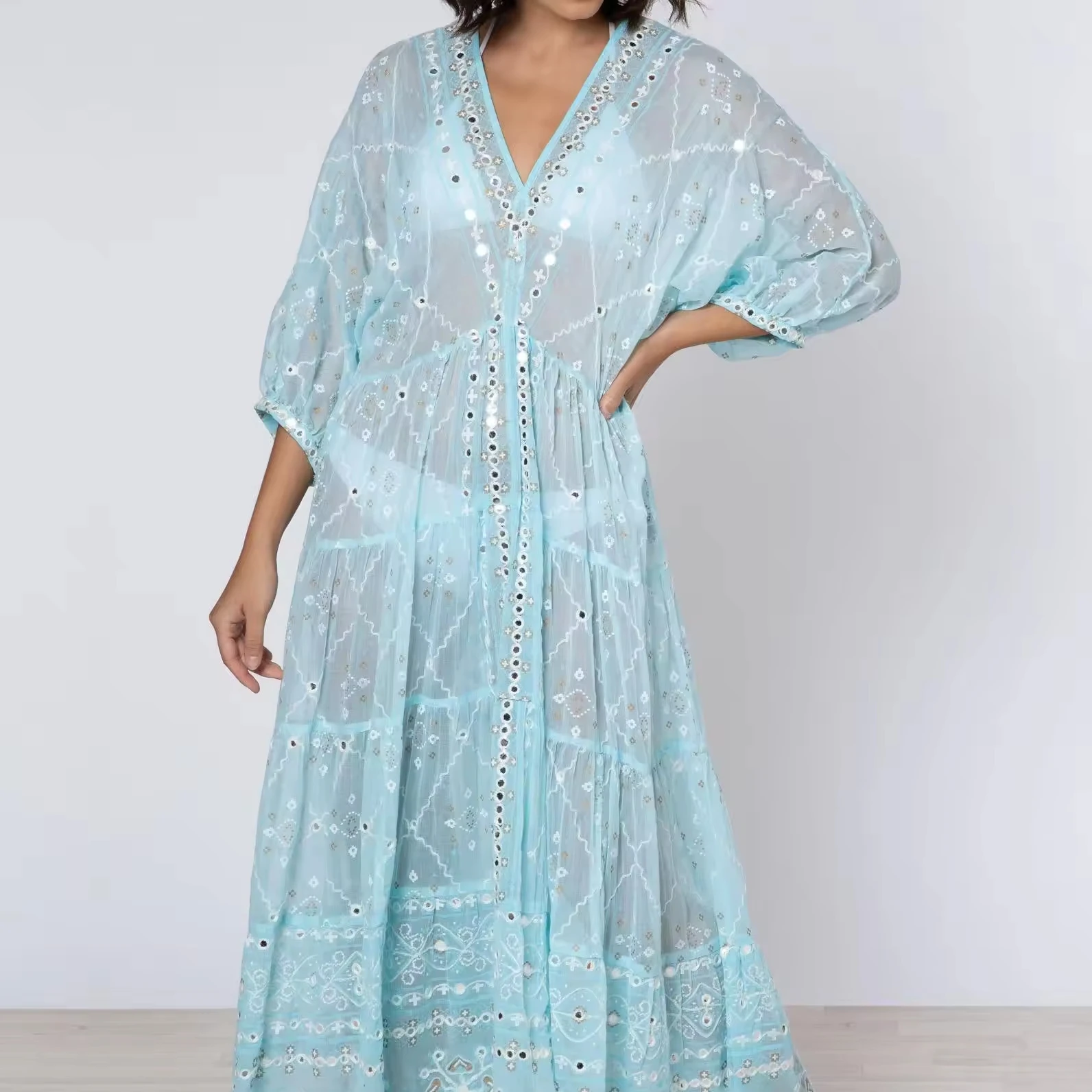 Light Sky Blue Print V Neck Loose Maxi Dress 100% Cotton Hand embroidered mirror details Deep v neckline